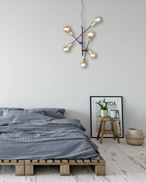 Lustra Cross, TRIO, 54.5x150 cm, 28W, 6x E27, metal, negru mat/auriu