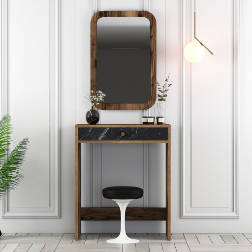 Masa de machiaj, Hanah Home, Lizbon Mirror, Nuc / Negru / Marmură