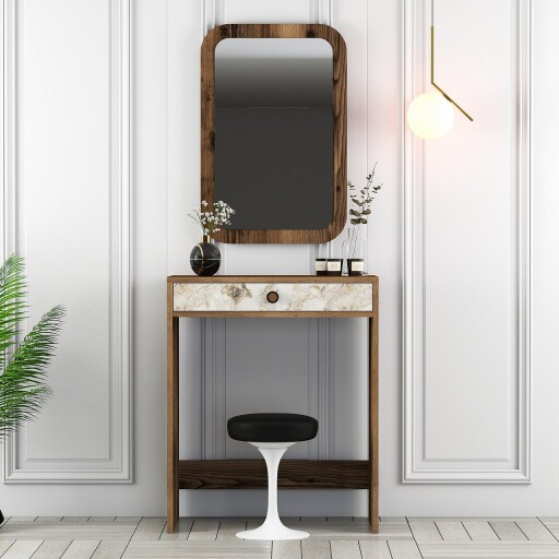 Masa de machiaj, Hanah Home, Lizbon Mirror, Nuc / Alb / Marmură