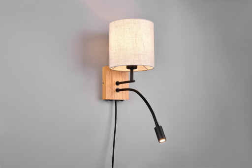 Lampa de perete Nilam, TRIO, 18x18x30 cm, 28W / 3W, 1x E27 / 1x SMD, lemn, natur/negru
