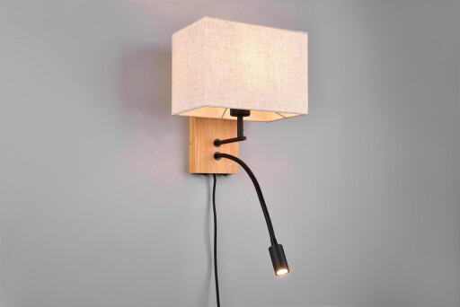 Lampa de perete Nilam, TRIO, 25x30 cm, 28W / 3W, 1x E27 / 1x SMD, lemn, natur/negru