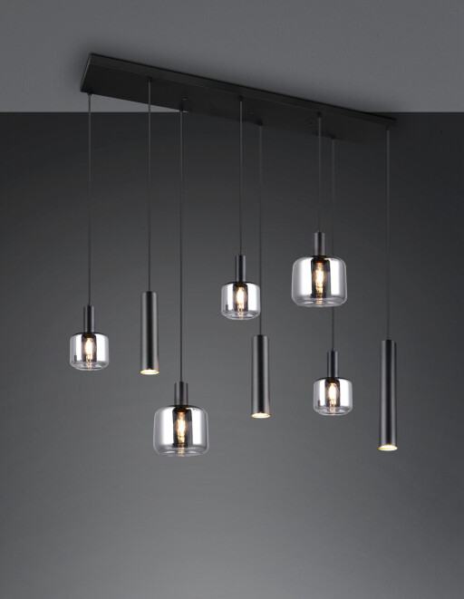 Lustra Mataro, TRIO, 118x34x150 cm, 10W / 10W, 2x E27 / 3x E14 / 3x GU10, metal, negru mat/argintiu