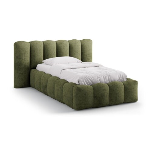 Pat verde tapițat cu spațiu de depozitare cu somieră 90x200 cm Lupine – Micadoni