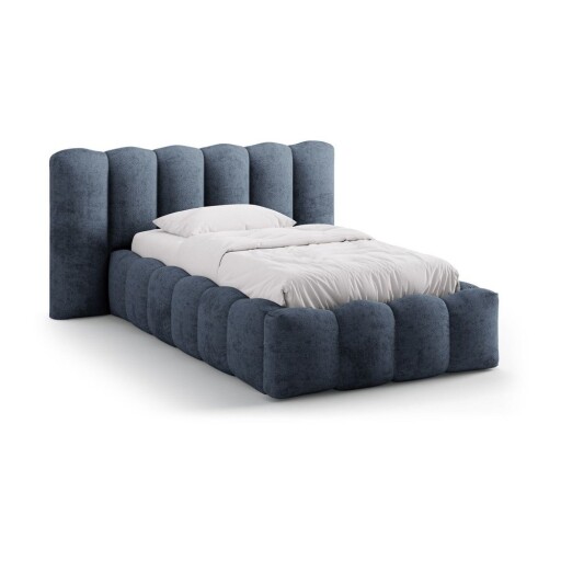 Pat albastru închis tapițat cu spațiu de depozitare cu somieră 90x200 cm Lupine – Micadoni