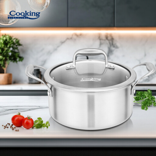 Semioala cu capac Atomic3, Cooking by Heinner, 24x12 cm, 5 L, inox/sticla, argintiu