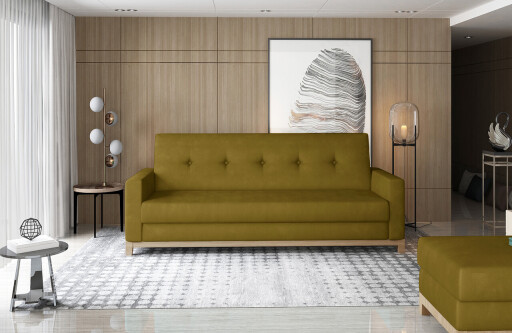 Canapea extensibila 3 locuri ELTAP, Selene, 216x104x93 cm, lemn/poliester, mustar/natur