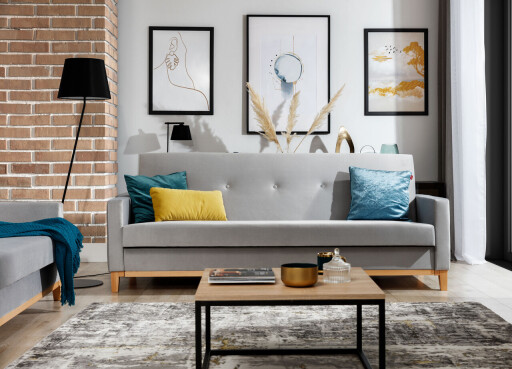 Canapea extensibila 3 locuri ELTAP, Selene, 216x104x93 cm, lemn/poliester, gri deschis/natur