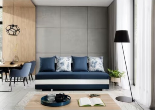 Canapea extensibila 3 locuri ELTAP, Calia, 195x86x83 cm, lemn/poliester, albastru/alb