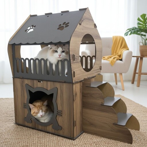 Casă pentru pisici, Paws &amp; Whiskers, Adora, MDF, Antracit / Nuc deschis