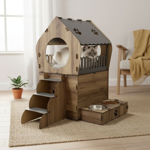 Casă pentru pisici, Paws &amp; Whiskers, Nessa, MDF, Antracit / Stejar
