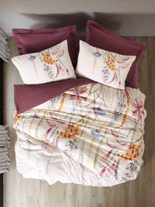 Lenjerie de pat pentru o persoana, L'essentiel Maison, Flos, Bumbac Ranforce , Rosu claret