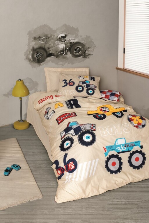 Lenjerie de pat pentru o persoana Young, L'essentiel Maison, Cars, Bumbac Ranforce, Bej