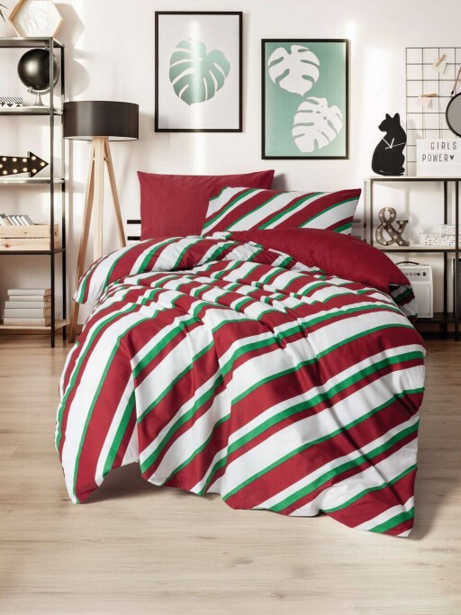 Lenjerie de pat pentru o persoana, L'essentiel Maison, Merry, Bumbac Ranforce, Verde / Roșu / Alb