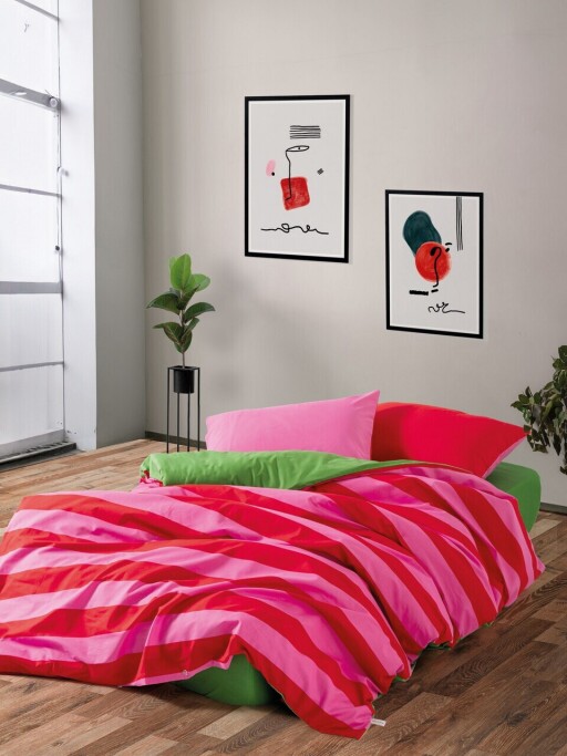 Lenjerie de pat dubla, L'essentiel Maison, Cherie, Bumbac Ranforce, Verde / Roz / Fuchsia