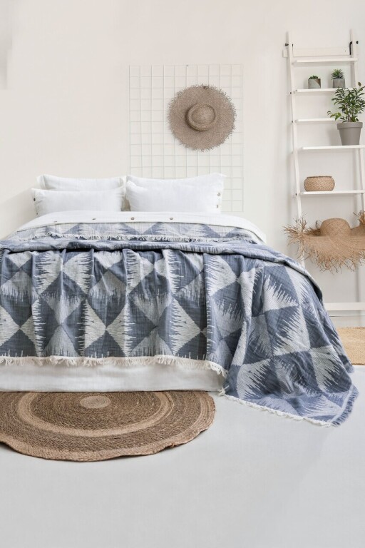 Set cuvertura de pat dubla 3 piese, L'essentiel Maison, Dolce, Bumbac , Albastru navy