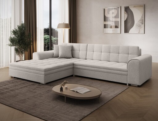 Coltar extensibil stanga 4 locuri ELTAP, Sorento, 296x194x78 cm, lemn/poliester, alb murdar