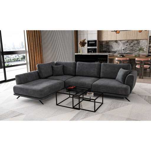 Coltar extensibil stanga 4 locuri ELTAP, LT-06NU, Larde, 286x191x90 cm, lemn/poliester, gri inchis