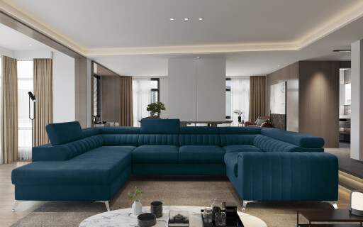 Coltar extensibil stanga 6 locuri ELTAP, LT-40NU, Louis, 347x202x92 cm, lemn/poliester, albastru inchis