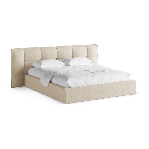 Pat matrimonial bej tapițat cu spațiu de depozitare cu somieră 180x200 cm Eric – Micadoni