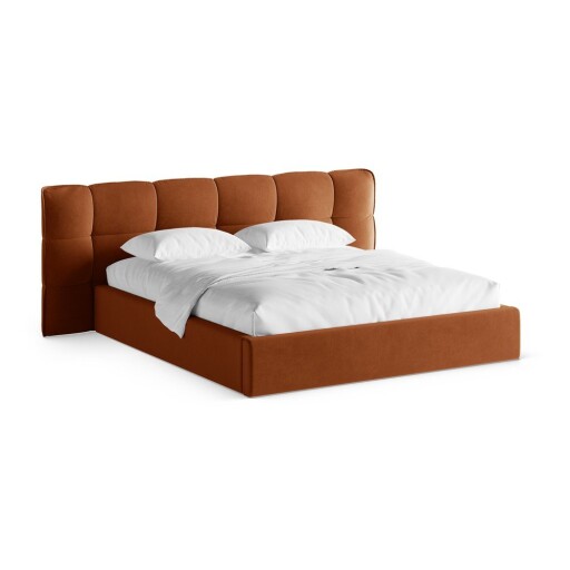 Pat matrimonial teracotă tapițat cu spațiu de depozitare cu somieră 160x200 cm Eric – Micadoni