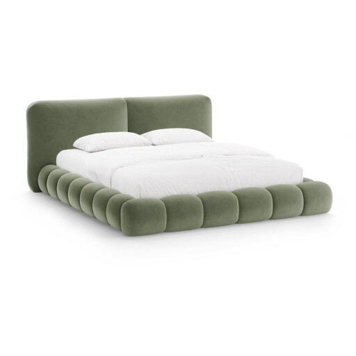 Pat matrimonial verde tapițat cu spațiu de depozitare cu somieră 200x200 cm Solange – Micadoni