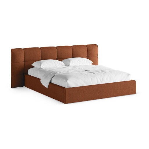 Pat matrimonial cărămiziu tapițat cu spațiu de depozitare cu somieră 200x200 cm Eric – Micadoni