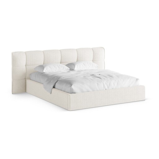 Pat matrimonial fildeș tapițat cu spațiu de depozitare cu somieră 160x200 cm Eric – Micadoni