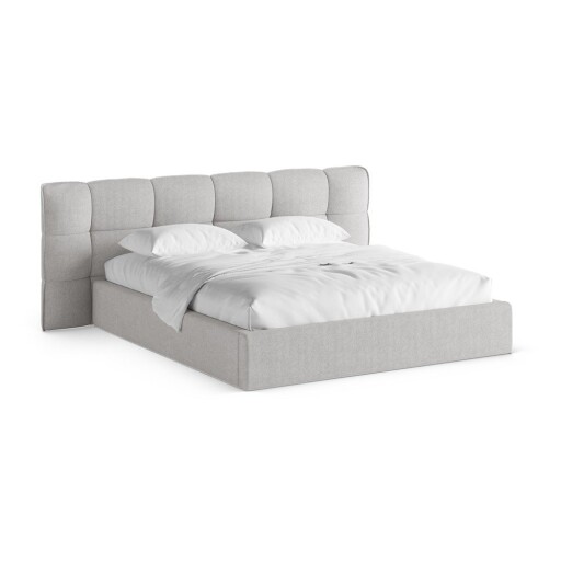 Pat matrimonial gri tapițat cu spațiu de depozitare cu somieră 140x200 cm Eric – Micadoni