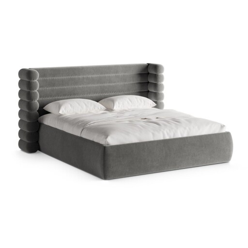 Pat matrimonial gri tapițat cu spațiu de depozitare cu somieră 200x200 cm Mount – Micadoni