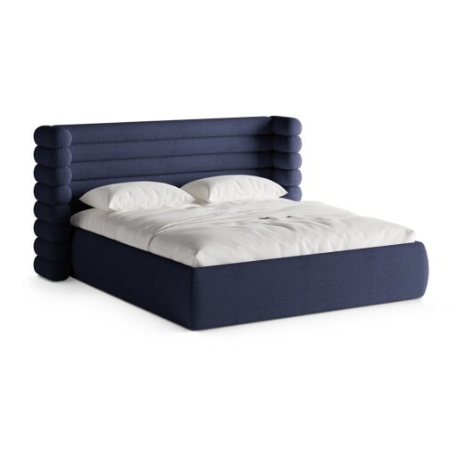 Pat matrimonial albastru tapițat cu spațiu de depozitare cu somieră 200x200 cm Mount – Micadoni