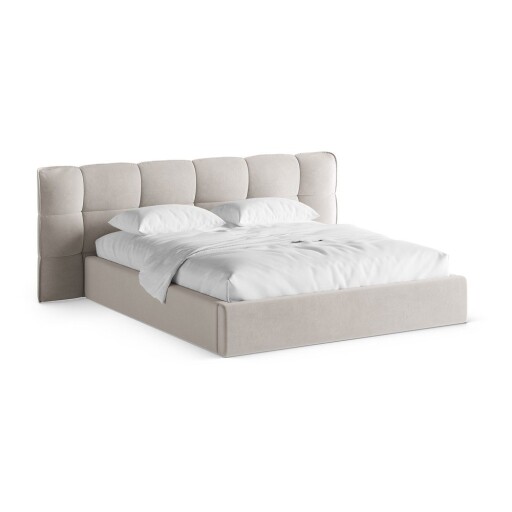 Pat matrimonial bej tapițat cu spațiu de depozitare cu somieră 140x200 cm Eric – Micadoni