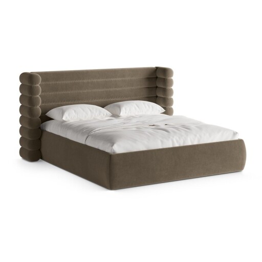 Pat matrimonial taupe tapițat cu spațiu de depozitare cu somieră 180x200 cm Mount – Micadoni