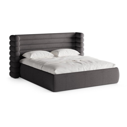 Pat matrimonial gri închis tapițat cu spațiu de depozitare cu somieră 200x200 cm Mount – Micadoni