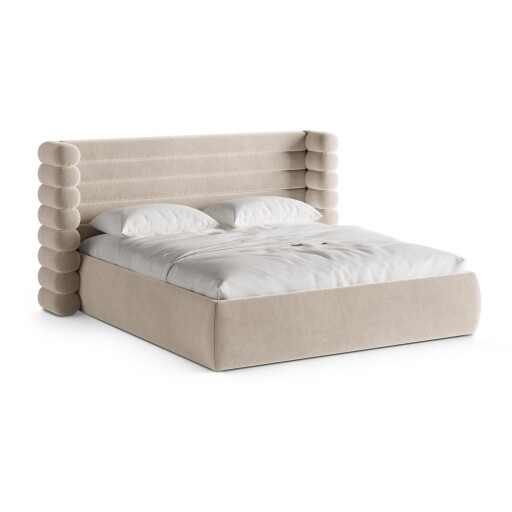 Pat matrimonial bej tapițat cu spațiu de depozitare cu somieră 200x200 cm Mount – Micadoni