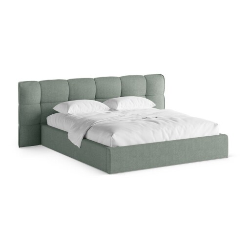 Pat matrimonial verde mentă tapițat cu spațiu de depozitare cu somieră 200x200 cm Eric – Micadoni