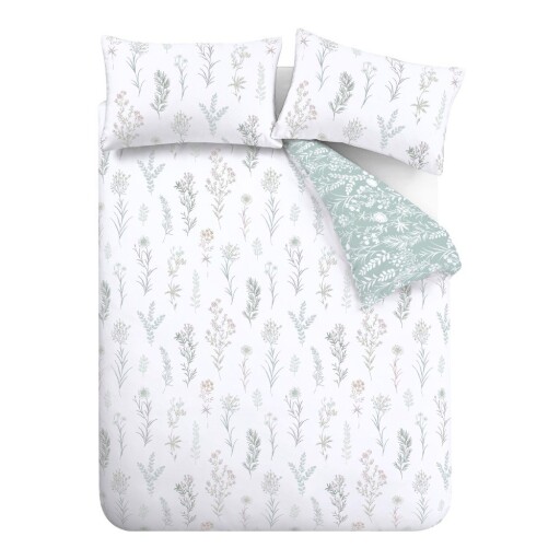 Lenjerie de pat albă/verde din bumbac percal pentru pat dublu/extinsă cu 3 piese 230x220 cm Wild Flowers – Bianca