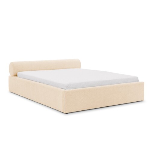 Pat matrimonial crem tapițat cu spațiu de depozitare cu somieră 140x200 cm Cille – Ropez