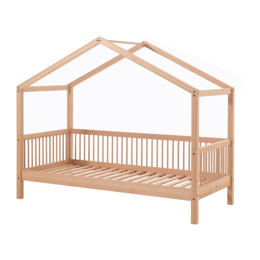 Pat pentru copii în culoare naturală de tip casă din lemn de fag cu somieră 90x200 cm Forrest – Vipack