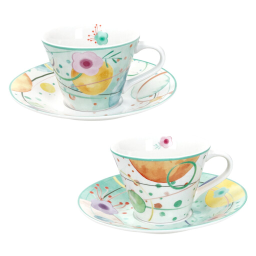 Set 2 cesti cu farfurie pentru ceai, Bollicine, Brandani, 15.5x7.5 cm, 200 ml, portelan