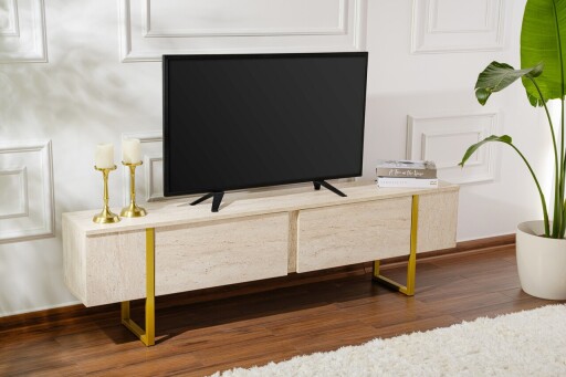 Comoda TV, Nordure, Serenity, 180x50x30 cm, Travertin / Auriu