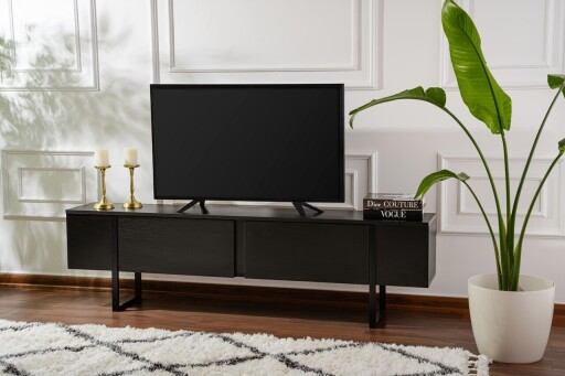 Comoda TV, Nordure, Serenity, 180x50x30 cm, Negru lemn / Negru