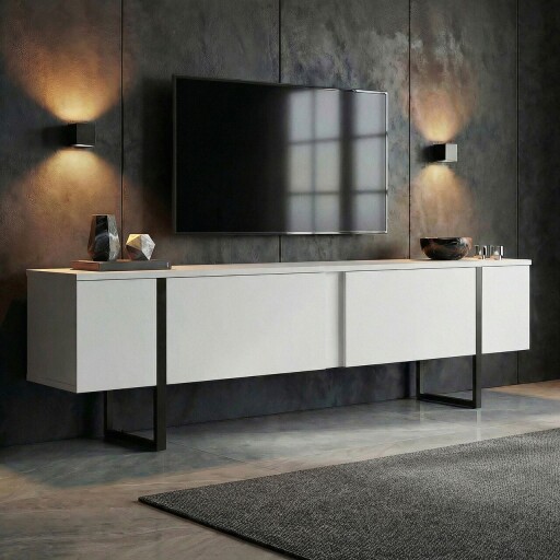 Comoda TV, Nordure, Onera, 180x45x30 cm, Alb/Negru