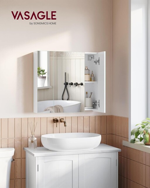 Dulap de baie cu oglinda,  Vasagle, 60x15x55 cm, montare pe perete, PAL/sticla, alb