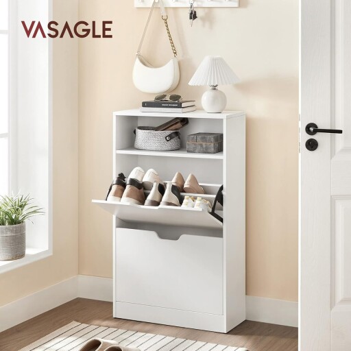 Pantofar cu 2 usi, Vasagle, 8-12 perechi pantofi, 60x24x102 cm, PAL, alb