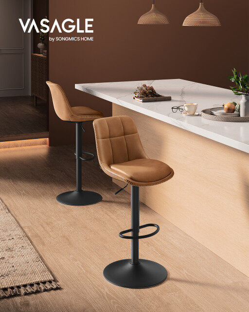 Set 2 scaune de bar, Vasagle, rotativ, 44x48x90-112 cm, piele ecologica/otel cromat, caramel