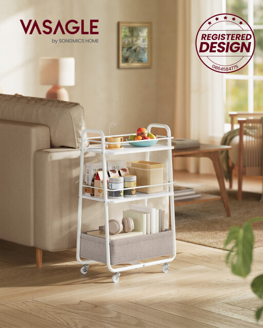 Carucior de depozitare cu 3 niveluri si cos textil Lilea, Vasagle, 43x30x81 cm, PAL/otel/poliester, alb cloud/camel