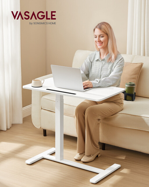 Masuta cu roti si inaltime reglabila pentru canapea, Vasagle, 80x45x65-102 cm, PAL/otel, alb cloud