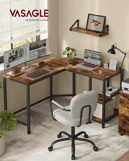Birou de colt L-Shaped, Vasagle, design reversibil, 130x120x74.7 cm, PAL/otel, maro rustic
