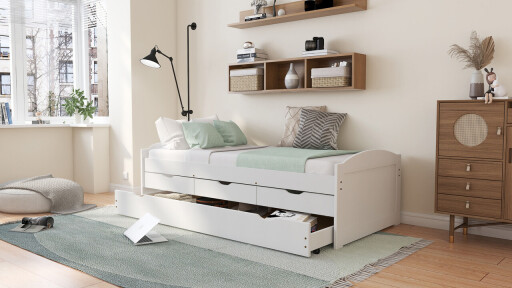Pat multifunctional pentru o persoana, 90x190 cm, Ulli, Inter Link, lemn, alb
