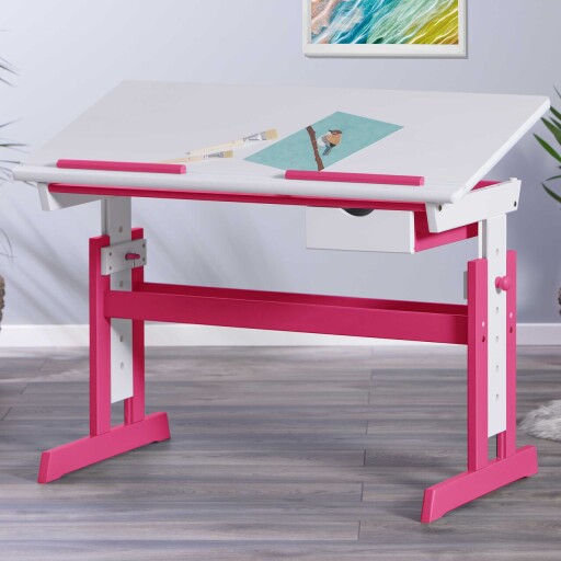 Birou pentru copii reglabil pe inaltime Pijii, Inter Link, 109x55x63-96 cm, lemn, alb/roz